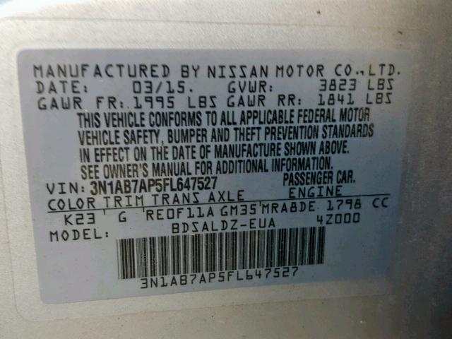 3N1AB7AP5FL647527 - 2015 NISSAN SENTRA S SILVER photo 10