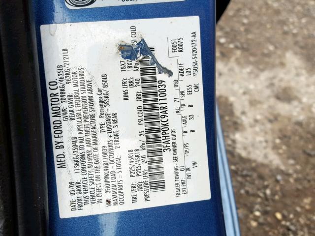 3FAHP0KC9AR110039 - 2010 FORD FUSION SPO BLUE photo 10