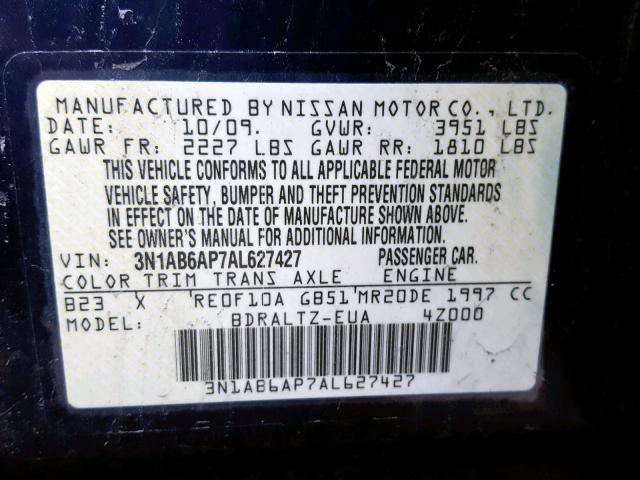 3N1AB6AP7AL627427 - 2010 NISSAN SENTRA 2.0 BLUE photo 10