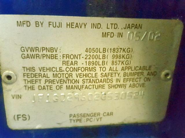 JF1GD29602G530524 - 2002 SUBARU IMPREZA WR BLUE photo 10