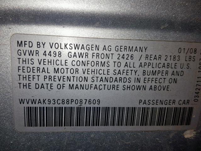 WVWAK93C88P087609 - 2008 VOLKSWAGEN PASSAT KOM SILVER photo 10