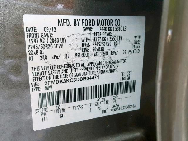 2FMDK3KC3DBB04471 - 2013 FORD EDGE LIMIT GRAY photo 10