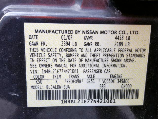 1N4BL21E77N421061 - 2007 NISSAN ALTIMA 3.5 GREEN photo 10