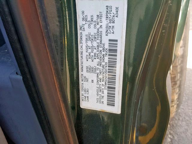 5TENM92N8YZ687439 - 2000 TOYOTA TACOMA PRE GREEN photo 10