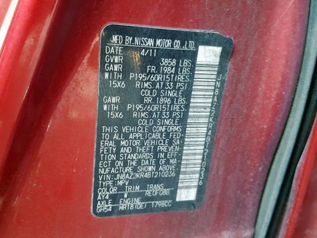 JN8AZ2KR4BT210236 - 2011 NISSAN CUBE BASE RED photo 10