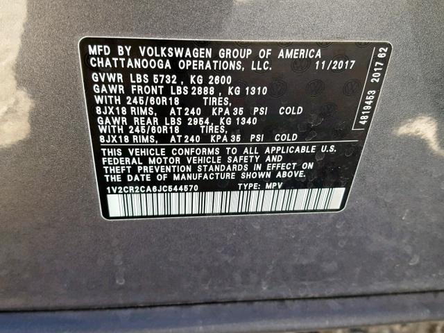 1V2CR2CA6JC544570 - 2018 VOLKSWAGEN ATLAS SE CHARCOAL photo 10