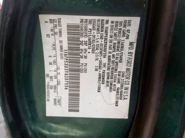 1FAFP53U3YA287556 - 2000 FORD TAURUS SE GREEN photo 10