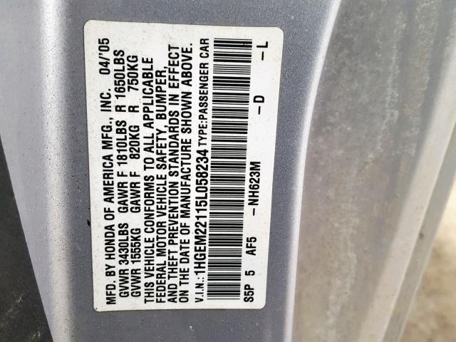 1HGEM22115L058234 - 2005 HONDA CIVIC DX V SILVER photo 10