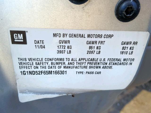 1G1ND52F65M166301 - 2005 CHEVROLET CLASSIC SILVER photo 10