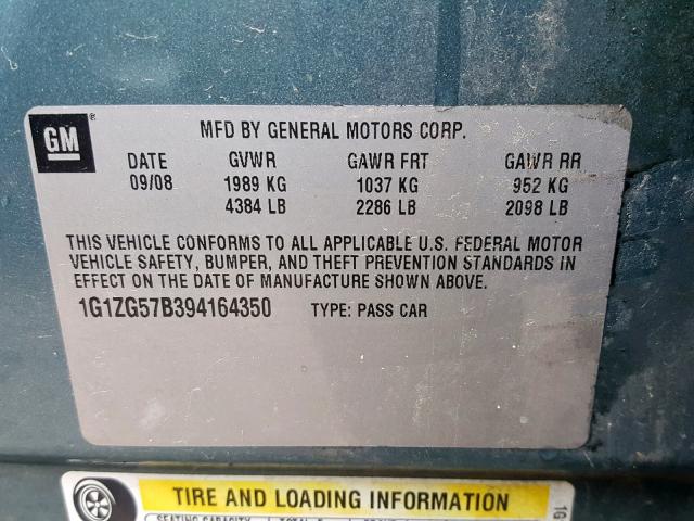 1G1ZG57B394164350 - 2009 CHEVROLET MALIBU LS BLUE photo 10