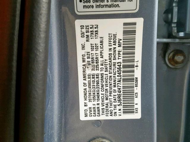 5J6RE4H77AL045643 - 2010 HONDA CR-V EXL BLUE photo 10