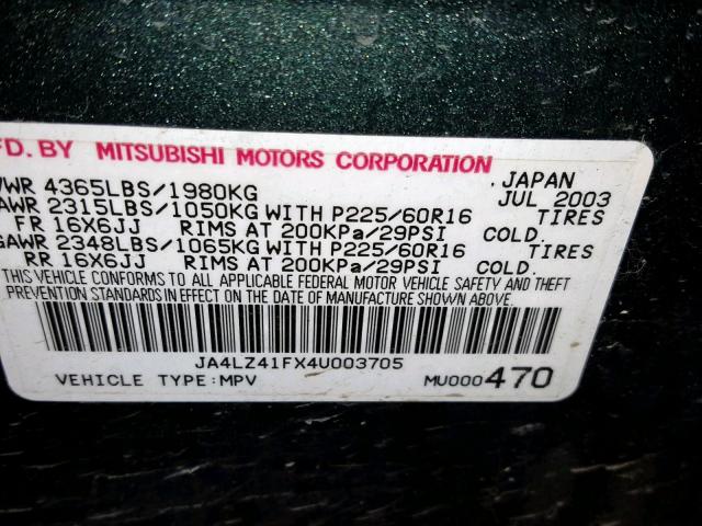 JA4LZ41FX4U003705 - 2004 MITSUBISHI OUTLANDER GREEN photo 10