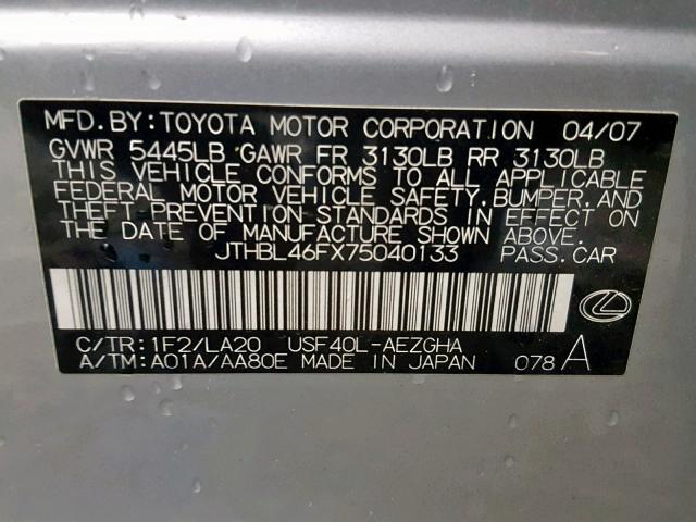 JTHBL46FX75040133 - 2007 LEXUS LS 460 SILVER photo 10