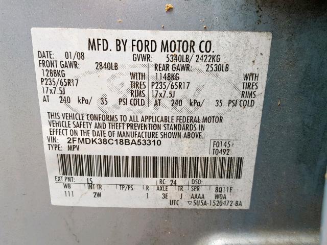 2FMDK38C18BA53310 - 2008 FORD EDGE SEL BLUE photo 10