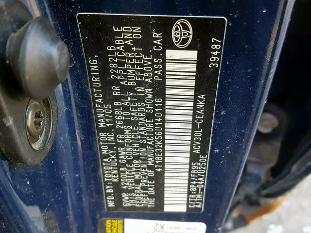 4T1BE32K56U140116 - 2006 TOYOTA CAMRY LE BLUE photo 10