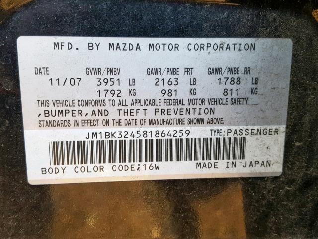 JM1BK324581864259 - 2008 MAZDA 3 S BLACK photo 10