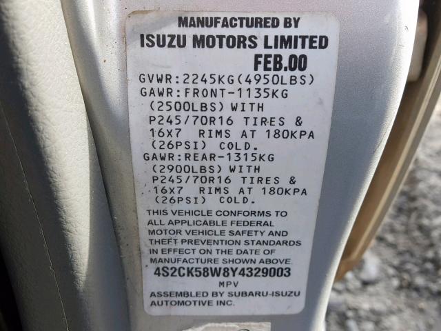 4S2CK58W8Y4329003 - 2000 ISUZU RODEO S SILVER photo 10