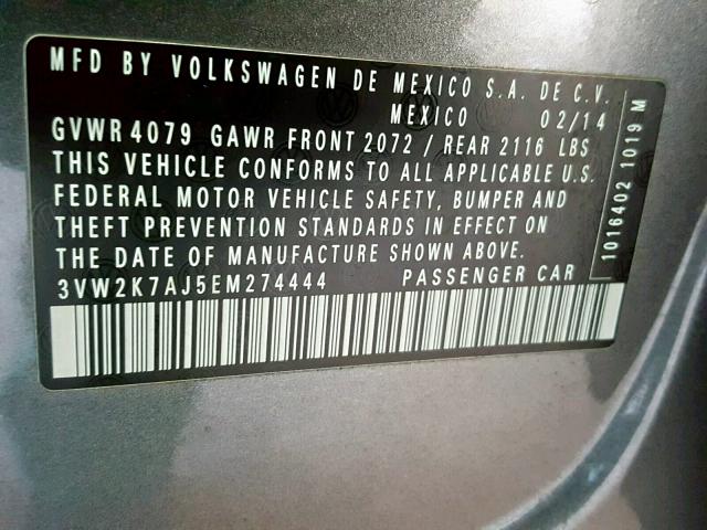 3VW2K7AJ5EM274444 - 2014 VOLKSWAGEN JETTA BASE 灰色 照片 10