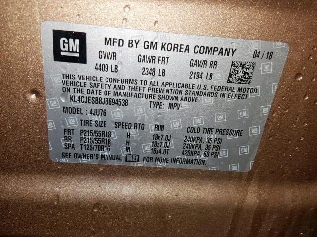 KL4CJESB8JB694538 - 2018 BUICK ENCORE PRE GOLD photo 10