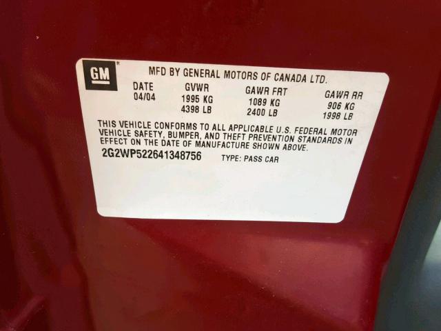 2G2WP522641348756 - 2004 PONTIAC GRAND PRIX MAROON photo 10