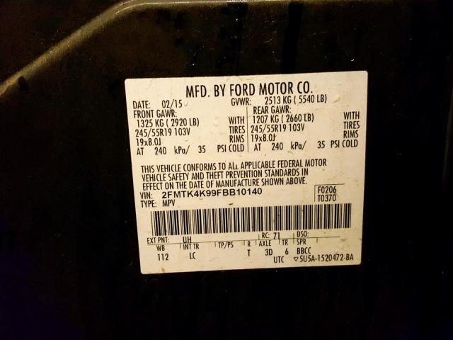 2FMTK4K99FBB10140 - 2015 FORD EDGE TITAN BLACK photo 10