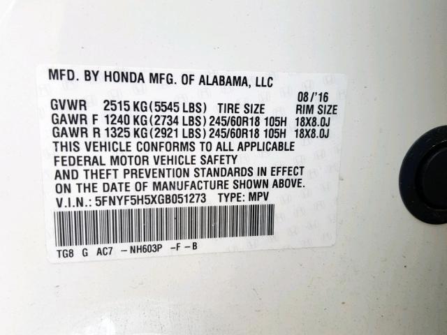 5FNYF5H5XGB051273 - 2016 HONDA PILOT EXL WHITE photo 10