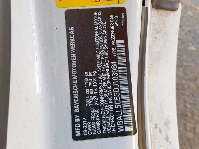 WBALL5C53DJ103984 - 2013 BMW Z4 SDRIVE2 WHITE photo 10
