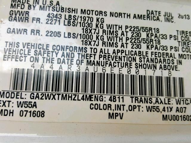 4A4AR3AU6EE001718 - 2014 MITSUBISHI OUTLANDER WHITE photo 10