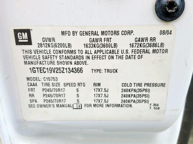 1GTEC19V25Z134366 - 2005 GMC NEW SIERRA WHITE photo 10