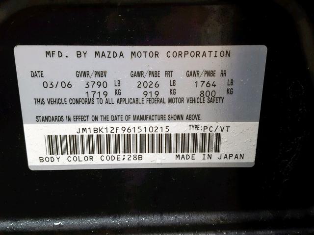 JM1BK12F961510215 - 2006 MAZDA 3 I GRAY photo 10