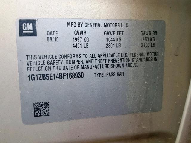 1G1ZB5E14BF168930 - 2011 CHEVROLET MALIBU LS ოქროსფერი ფოტო 10