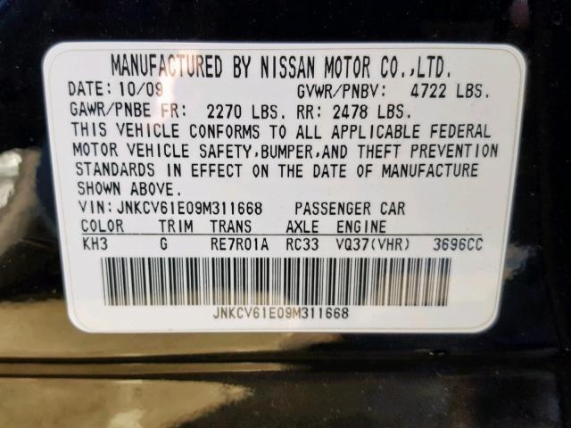 JNKCV61E09M311668 - 2009 INFINITI G37 BASE BLACK photo 10