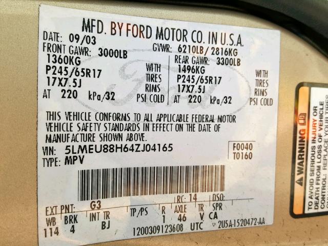 5LMEU88H64ZJ04165 - 2004 LINCOLN AVIATOR 棕色 照片 10