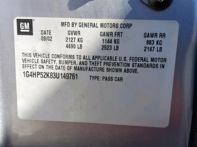 1G4HP52K83U149761 - 2003 BUICK LESABRE CU SILVER photo 10