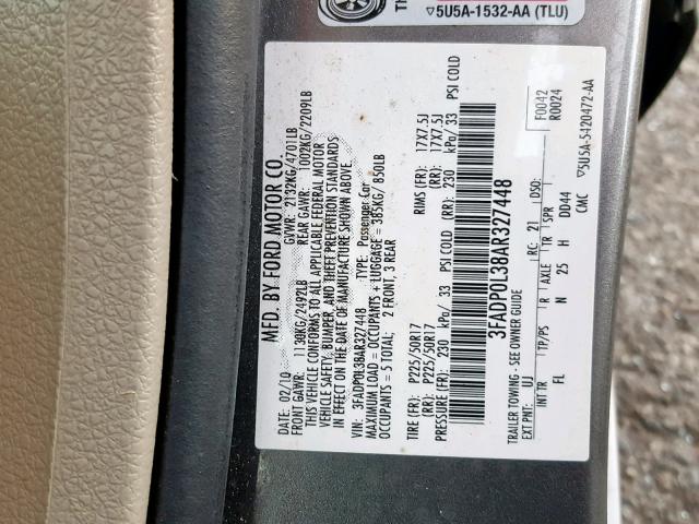 3FADP0L38AR327448 - 2010 FORD FUSION HYB GRAY photo 10