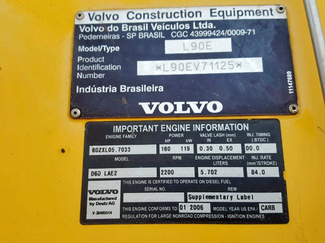 L90EV71125 - 2005 VOLVO L90E YELLOW photo 10