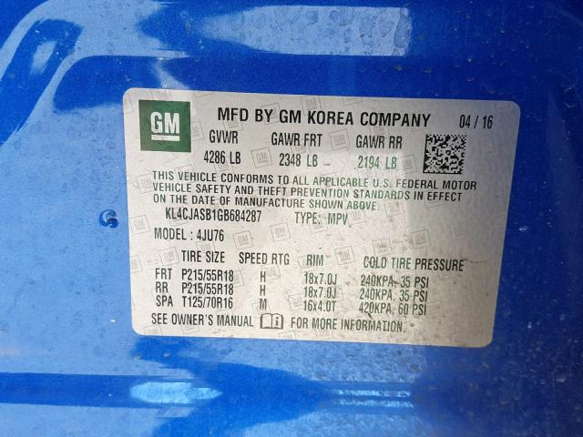 KL4CJASB1GB684287 - 2016 BUICK ENCORE BLUE photo 10