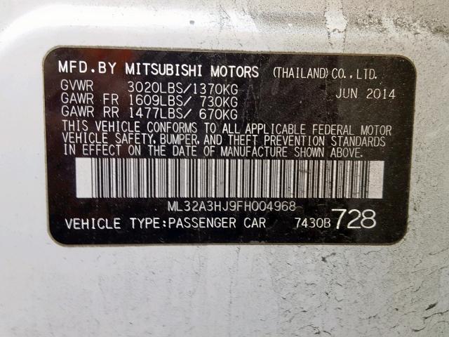 ML32A3HJ9FH004968 - 2015 MITSUBISHI MIRAGE DE WHITE photo 10