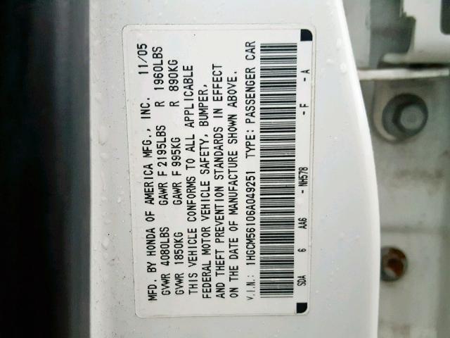 1HGCM56106A049251 - 2006 HONDA ACCORD VAL WHITE photo 10