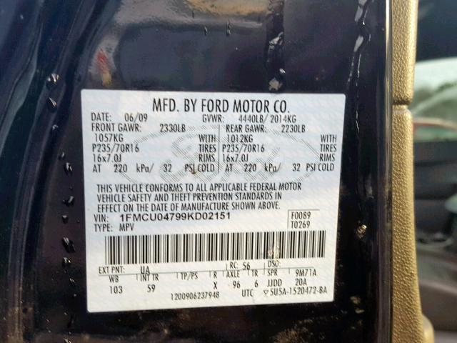 1FMCU04799KD02151 - 2009 FORD ESCAPE LIM BLACK photo 10