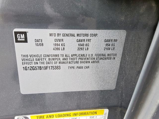 1G1ZG57B19F175383 - 2009 CHEVROLET MALIBU LS Մոխրագույն լուսանկար 10