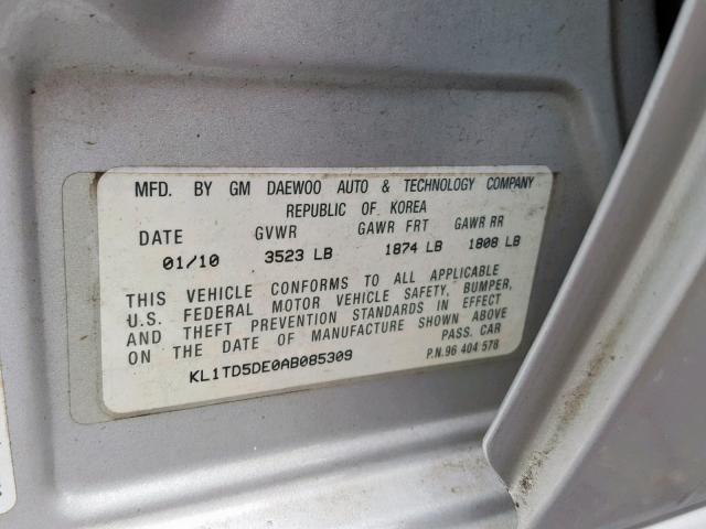 KL1TD5DE0AB085309 - 2010 CHEVROLET AVEO LS SILVER photo 10