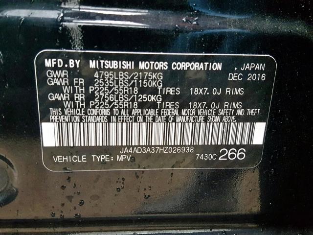 JA4AD3A37HZ026938 - 2017 MITSUBISHI OUTLANDER BLACK photo 10