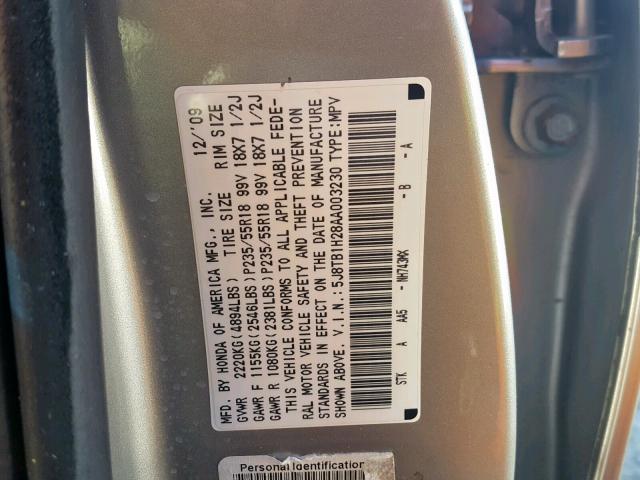 5J8TB1H28AA003230 - 2010 ACURA RDX SILVER photo 10