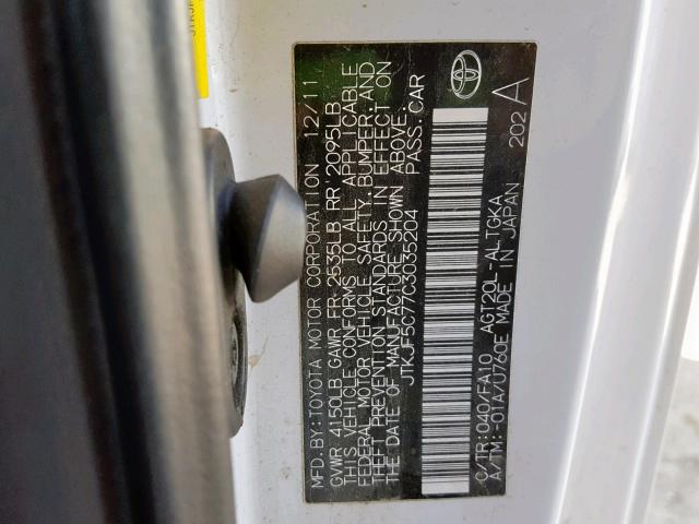 JTKJF5C77C3035204 - 2012 TOYOTA SCION TC თეთრი ფოტო 10