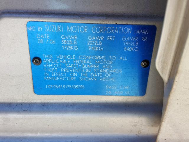 JS2YB413175103735 - 2007 SUZUKI SX4 SILVER photo 10