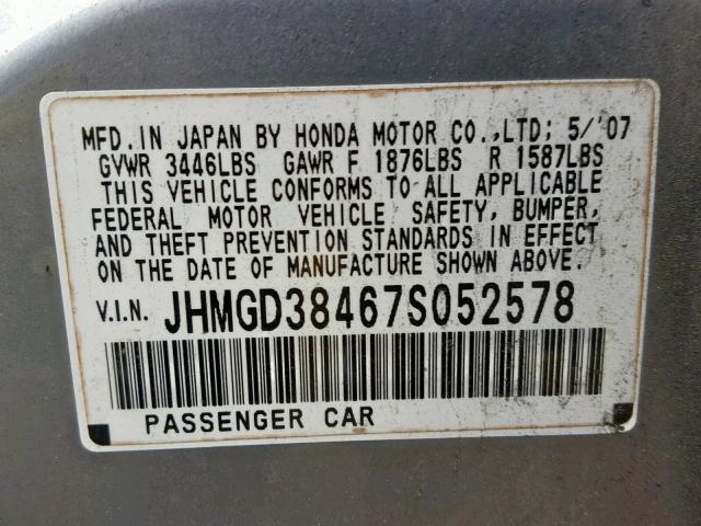 JHMGD38467S052578 - 2007 HONDA FIT GRAY photo 10