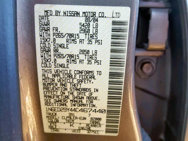 1N6ED29Y44C467440 - 2004 NISSAN FRONTIER C TAN photo 10