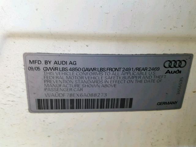 WAUDF78EX6A088273 - 2006 AUDI A4 2.0T QU WHITE photo 10