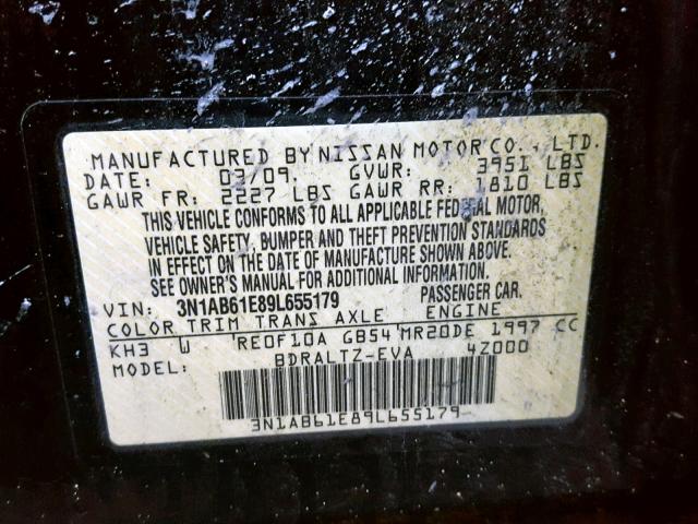 3N1AB61E89L655179 - 2009 NISSAN SENTRA 2.0 BLACK photo 10